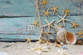 Fototapety Maritime Dekoration: Fischernetz, Muscheln und Seesterne