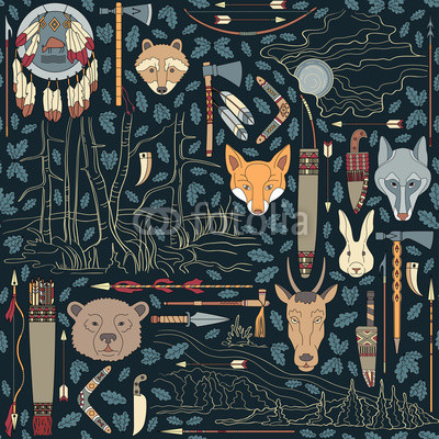 seamless Native American pattern with night landscapes