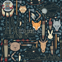 Fototapety seamless Native American pattern with night landscapes