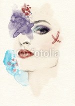 Naklejki Beautiful woman face. watercolor illustration