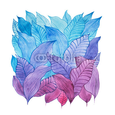 Aquarelle illustration of overlapping leaves drawn with cool color combination