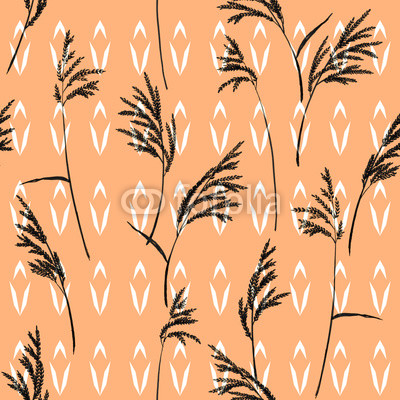 Abstract floral pattern. Grass panicles scattered free. Hand painted texture. Monochrome, black on geometric ornament and beige background.
