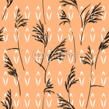 Naklejki Abstract floral pattern. Grass panicles scattered free. Hand painted texture. Monochrome, black on geometric ornament and beige background.