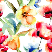 Naklejki Seamless wallpaper with Yellow Tulips and Poppy flowers
