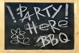 Naklejki Black Chalkboard With Handwritten Sign Party Here BBQ