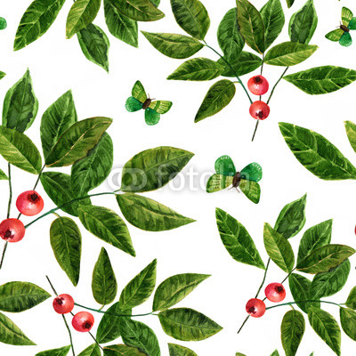 Seamless background pattern with watercolor leaves , berries and butterflies