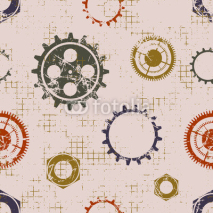 Obrazy i plakaty Vector seamless patterns with mechanism of watch. Creative geometric beige grunge backgrounds with gear wheel. Texture with cracks, ambrosia, scratches, attrition. Graphic illustration.