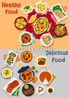 Dinner menu icon set with main dishes and dessert