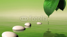 Fototapety Zen stones in the blue water and green leaf with water drop