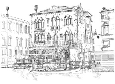 Venice - Grand Canal. Ancient building & gondola. Vector drawing