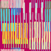 Obrazy i plakaty Striped geometric seamless pattern. Hand drawn uneven black stripes on colorful rectangles, free layout. Vibrant candy tones on maroon background. Textile design.