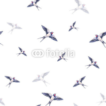 Fototapety Beautiful swallow on a white background. Watercolor illustration. Spring bird brings love. Handwork. Seamless pattern