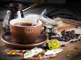 Naklejki Turk and coffee Turkish delight on a wooden board