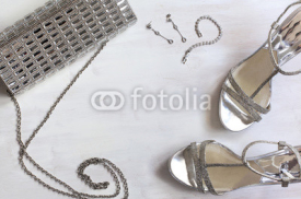Women's set of fashion accessories in silver color on wooden bac