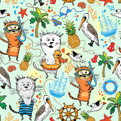 summer sea pattern with cats and pelican