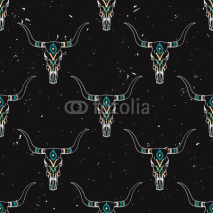 Fototapety Vector grunge seamless pattern with bull skull and ethnic ornament