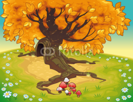 Naklejki Tree in autumnal landscape. Vector coloured illustration