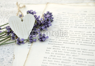 Weißes Herz und Lavendel auf alten Buchseiten