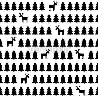 Black and white simple seamless retro Christmas pattern - deers, Xmas trees. Happy New Year background. Vector design for winter holidays.