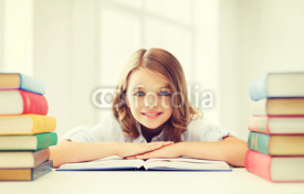 smiling little student girl with many books