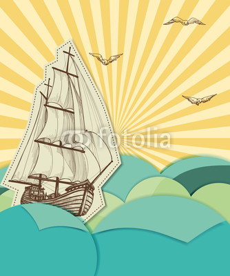 Retro sea background with sailing ship