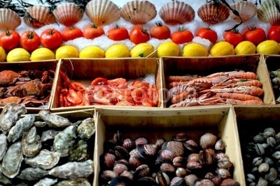 Seafood stall with selection of fresh seafood