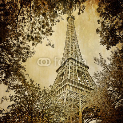 Eiffel tower and trees monochrome vintage