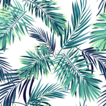 Fototapety Tropical background with jungle plants. Seamless vector tropical pattern with green phoenix palm leaves.