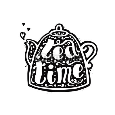 Tea time black ink handwritten lettering in teapot with hearts. Perfect for your design! Part two.