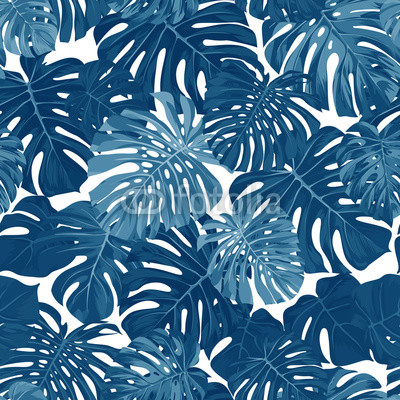 Indigo vector pattern with monstera palm leaves on dark background. Seamless summer tropical fabric design.