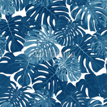 Fototapety Indigo vector pattern with monstera palm leaves on dark background. Seamless summer tropical fabric design.