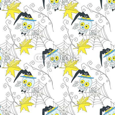 Merry halloween. Skeletons, spider web, cartoon characters, seamless pattern