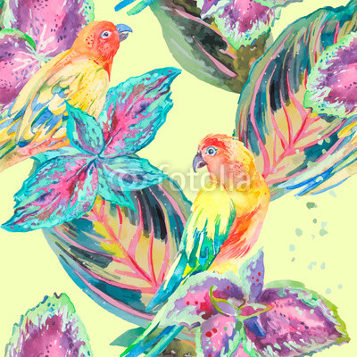Watercolor Parrots .Tropical flower and leaves. Exotic. 
