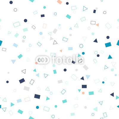 Seamless bright pattern of geometric shapes on a white background. A rain of figures.