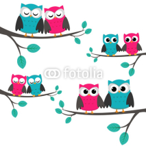 Four couples of owls sitting on branches.