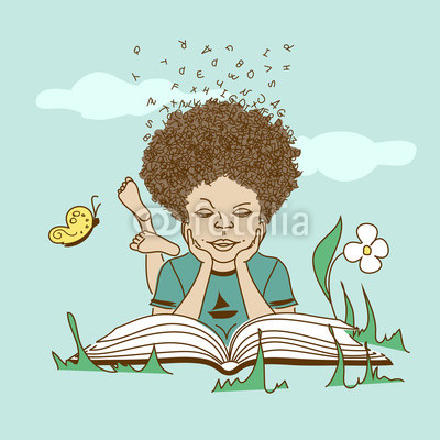 Illustration with boy lying on the grass and reading a book