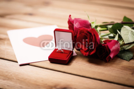 close up of diamond ring, roses and greeting card