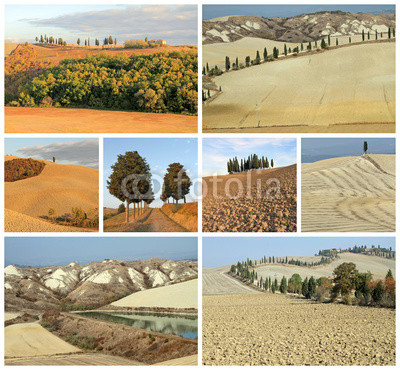 collage with tuscan landscape, Crete Senesi, Orcia