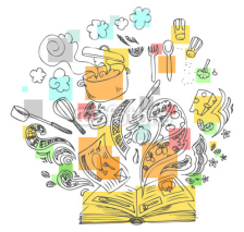 Naklejki Sketchy doodles with cook book and ingredients