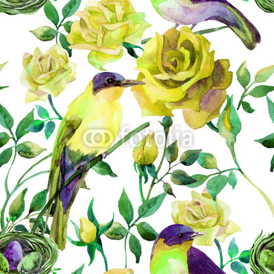 Watercolor birds on the yellow roses