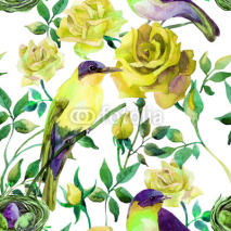 Naklejki Watercolor birds on the yellow roses