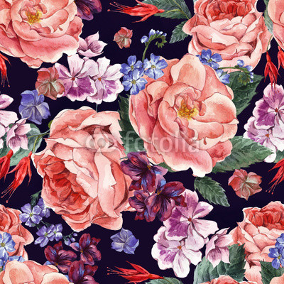 Floral Vintage Seamless Pattern, watercolor illustration.