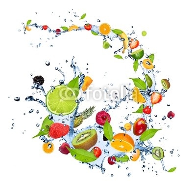Fresh fruits falling in water splash on white background