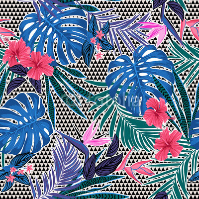 Vector seamless tropical pattern with small triangles at background, vivid tropic foliage, monstera leaf, palm leaves, bird of paradise flower, hibiscus in bloom. modern bright summer print design