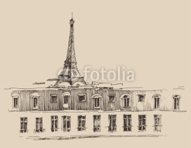 Fototapety Eiffel Tower in Paris, city architecture, engraved illustration