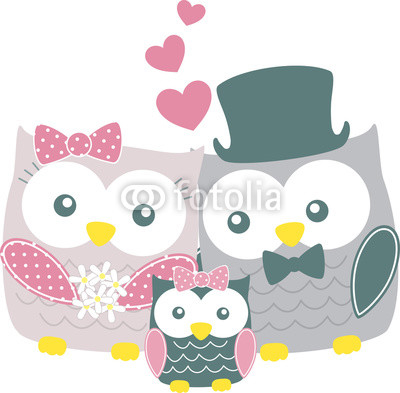cute owls couple with daughter islated on whit backgrond