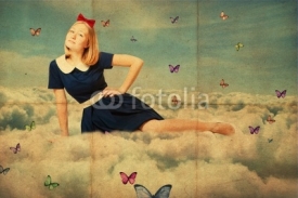 Fototapety collage. beauty oun woman on the sky, in clouds