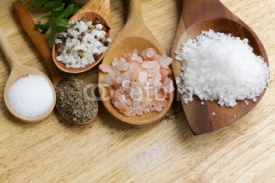 Fototapety different types of salt (pink, sea, black, and with spices)