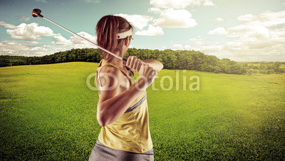 Woman golfing over beautiful landscape background.