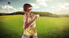 Naklejki Woman golfing over beautiful landscape background.